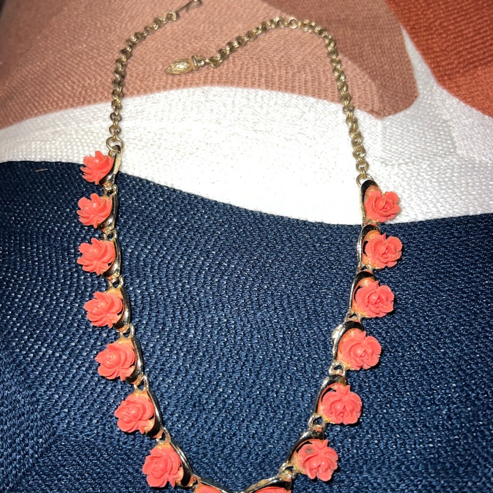 Floral Gold Necklace with Coral Rose Accents